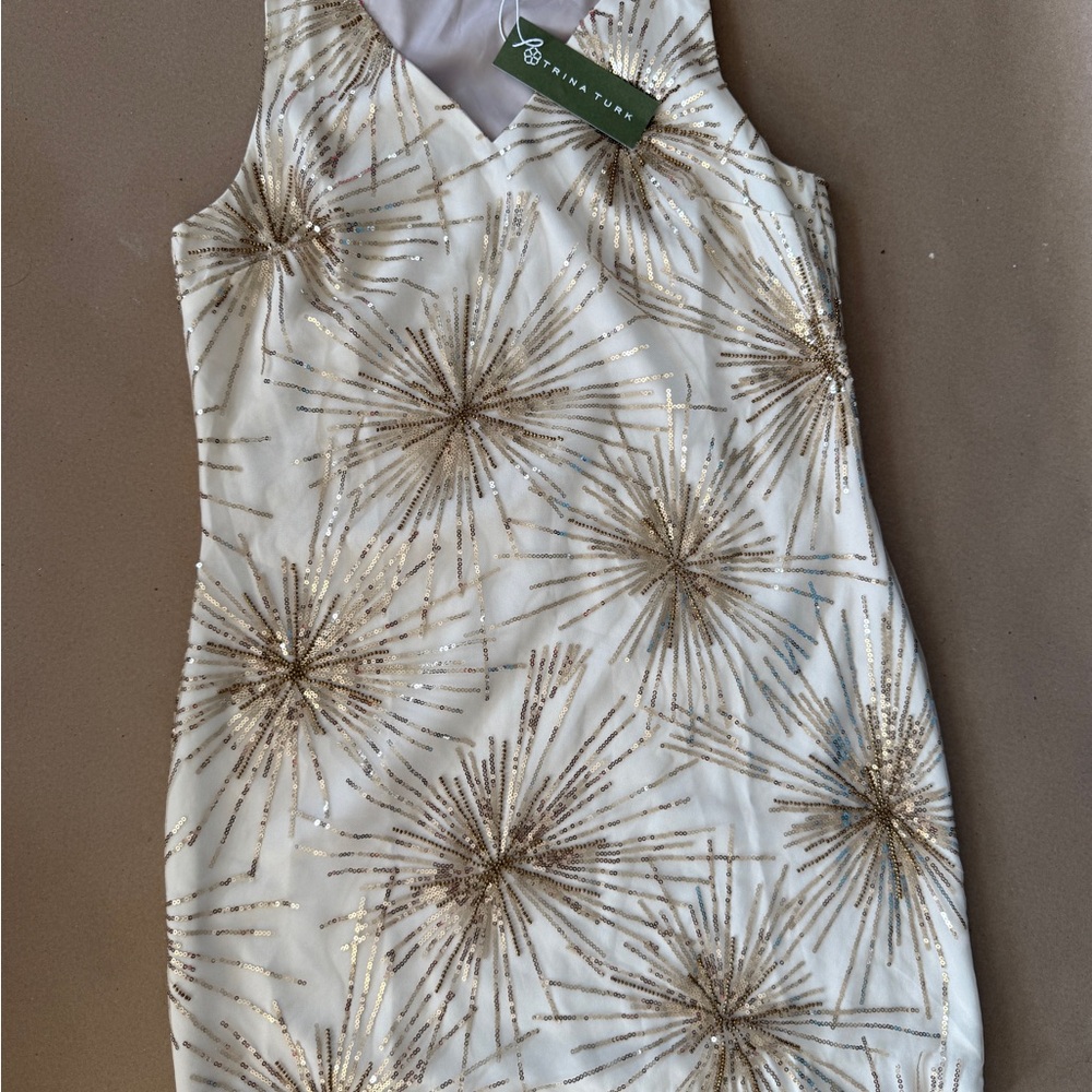 Trina Turk White and Gold Midi Dress